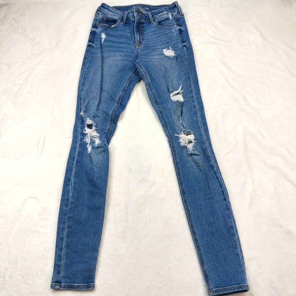 OLD NAVY WOMENS ROCKSTAR SKINNY MID RISE DISTRESSED DENIM BLUE JEANS SIZE 4 TALL